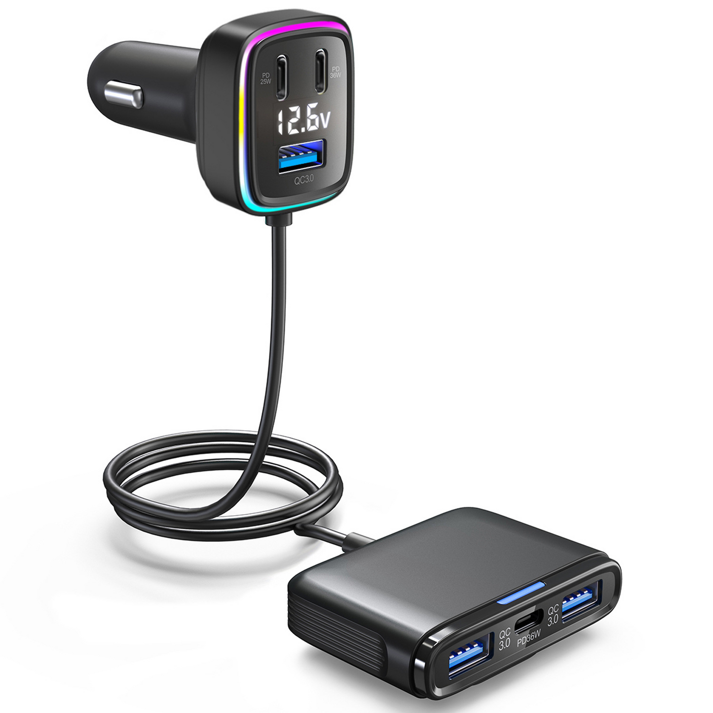 Car charger fast charging 115W high power output one to six atmosphere lights, voltage digital display