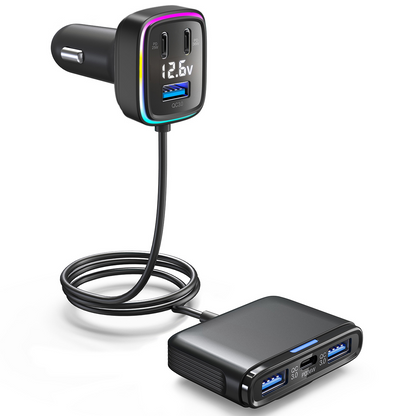 Car charger fast charging 115W high power output one to six atmosphere lights, voltage digital display